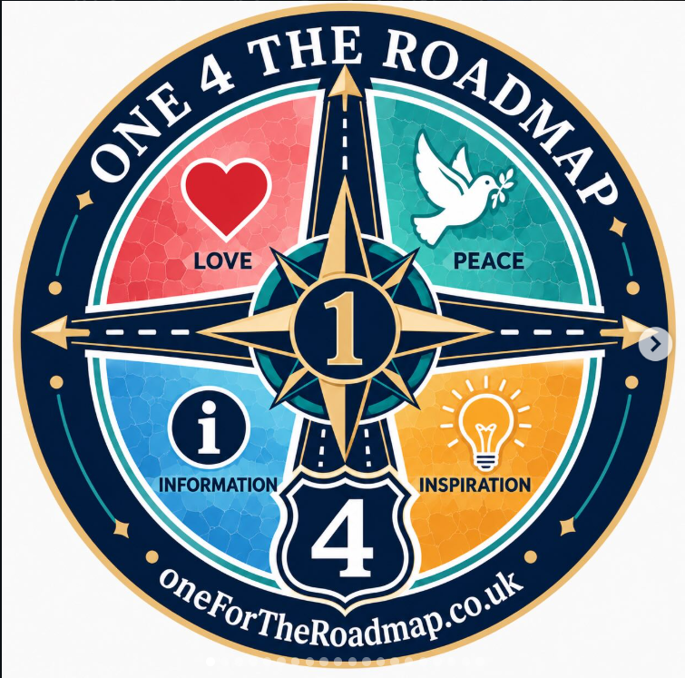 One For The Roadmap compass logo: love, peace, information and inspiration
